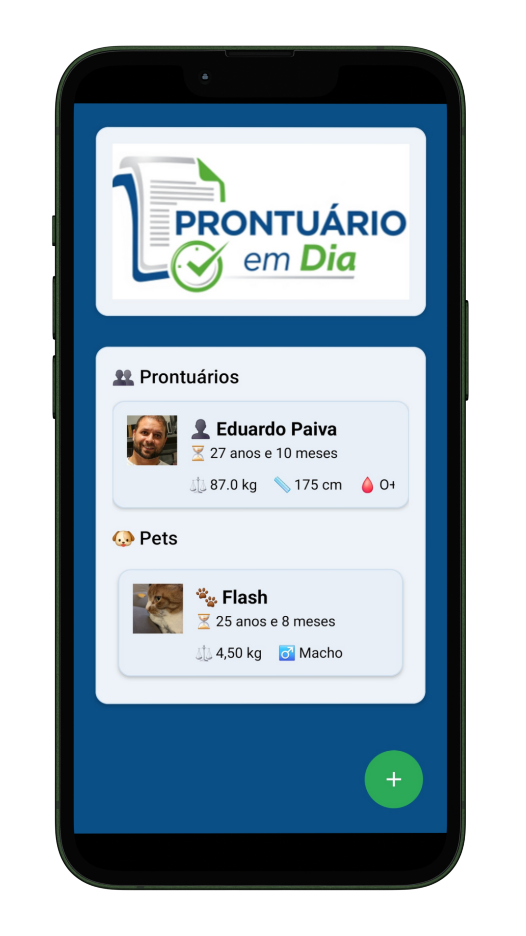 Tela principal do aplicativo Prontuário em Dia em um mockup de celular